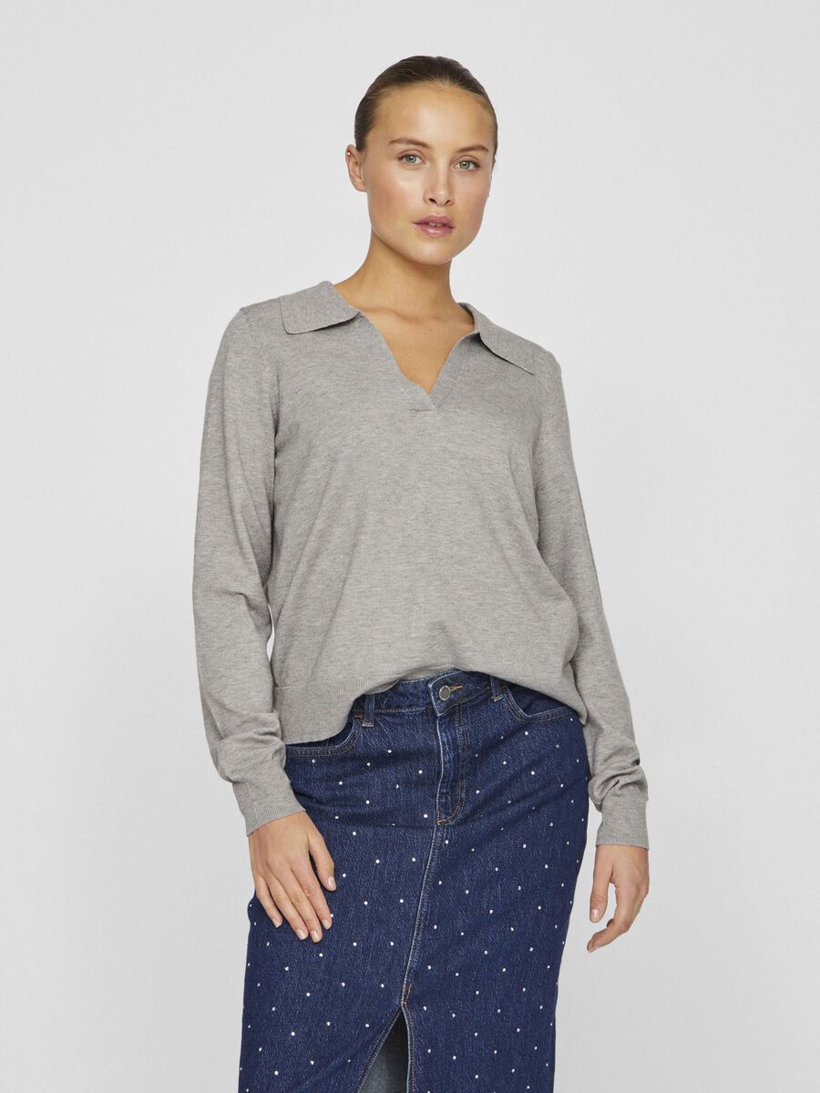 VILA SPLIT COLLAR KNITTED PULLOVER, Light Grey Melange, highres - 14105038_LightGreyMelange_1169575_003.jpg