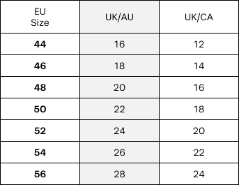 Size Guide - Size Conversion Table for Curve sizes