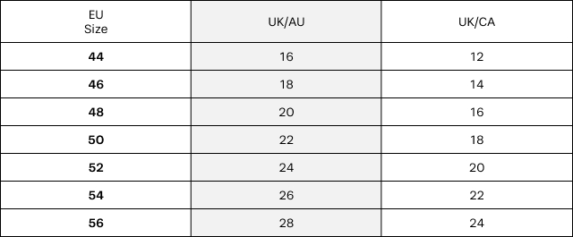 Size Guide - Size Conversion Table for Curve sizes